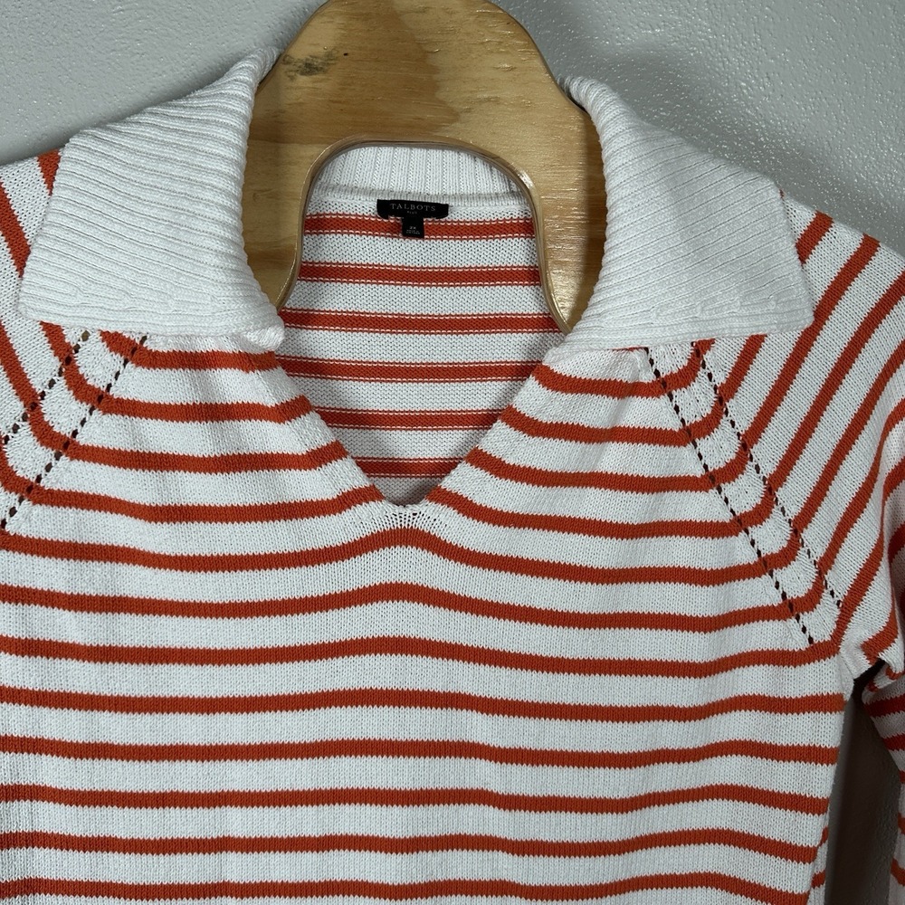 Talbots Johnny Collar Pullover Sweater Womens Size 2X Orange Stripe Cotton Blend - Picture 2 of 5